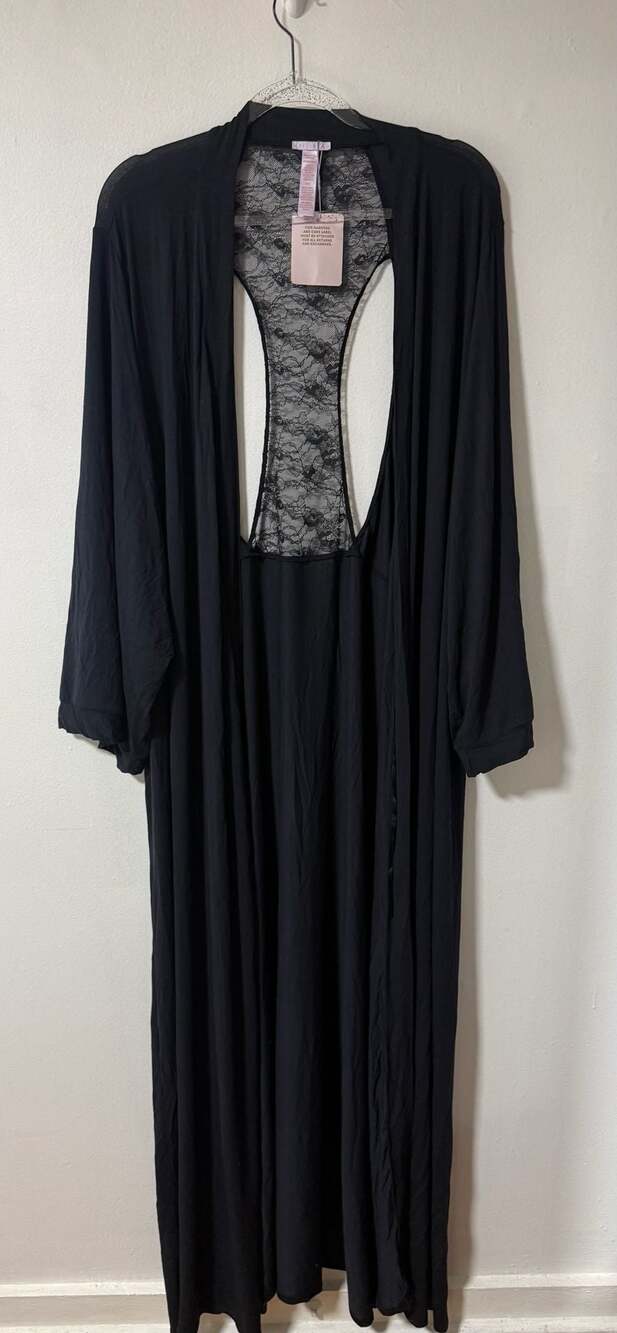 Savage X Fenty Black Long Modal Robe with Lace Racerback Details